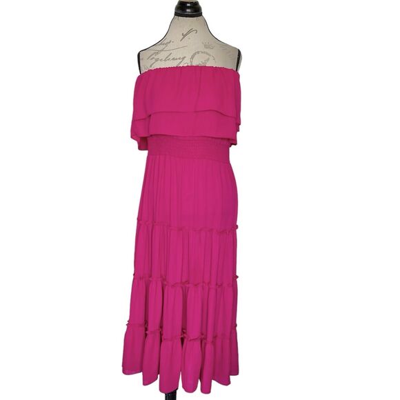 1. STATE Womens Dress Size Large Strapless Midi Ruby Spice Tiered Smocked Waist - Picture 1 of 14